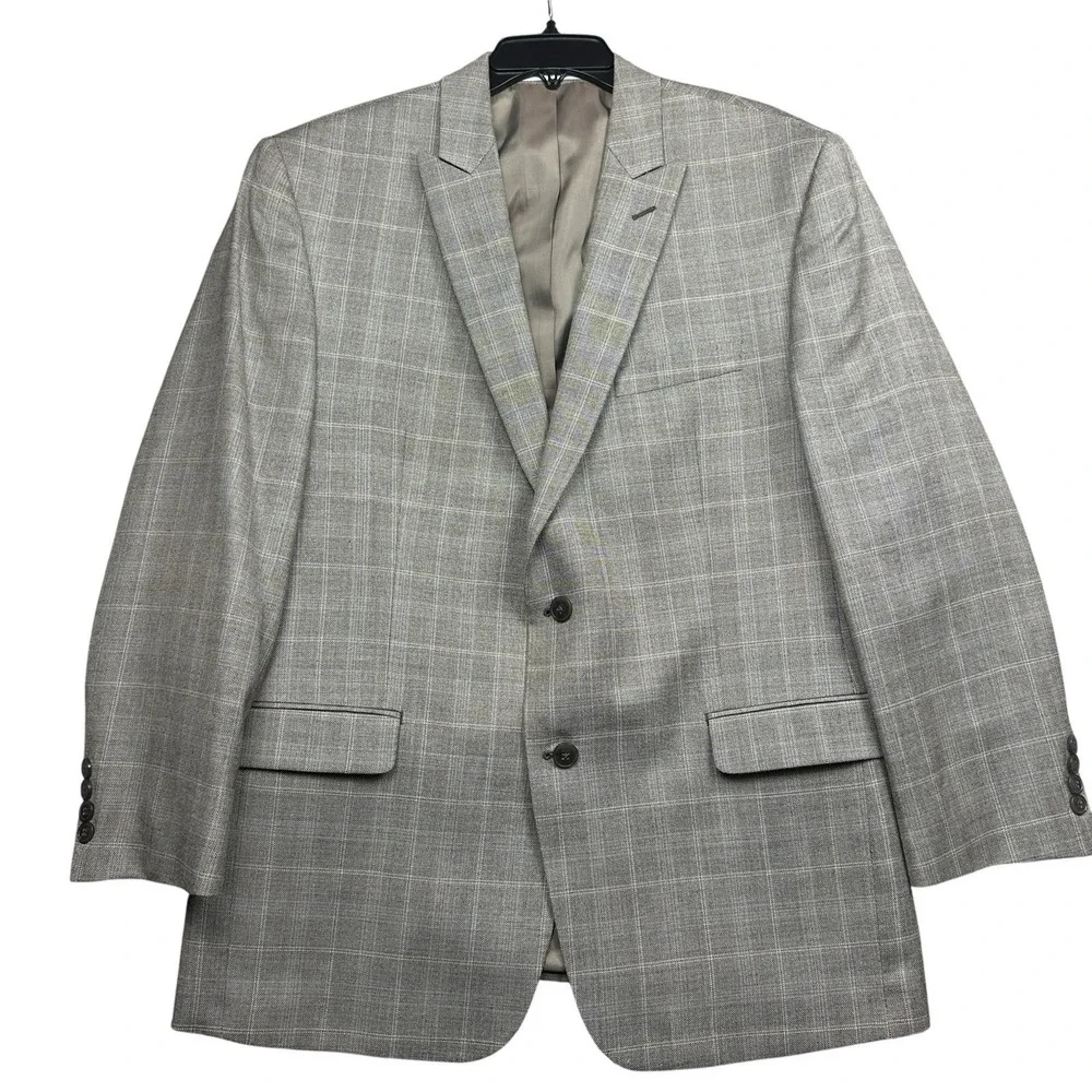Calvin Klein Blazer Jacket Sport Coat Men's 42R Silk Wool Plaid Tan Gray Glen
